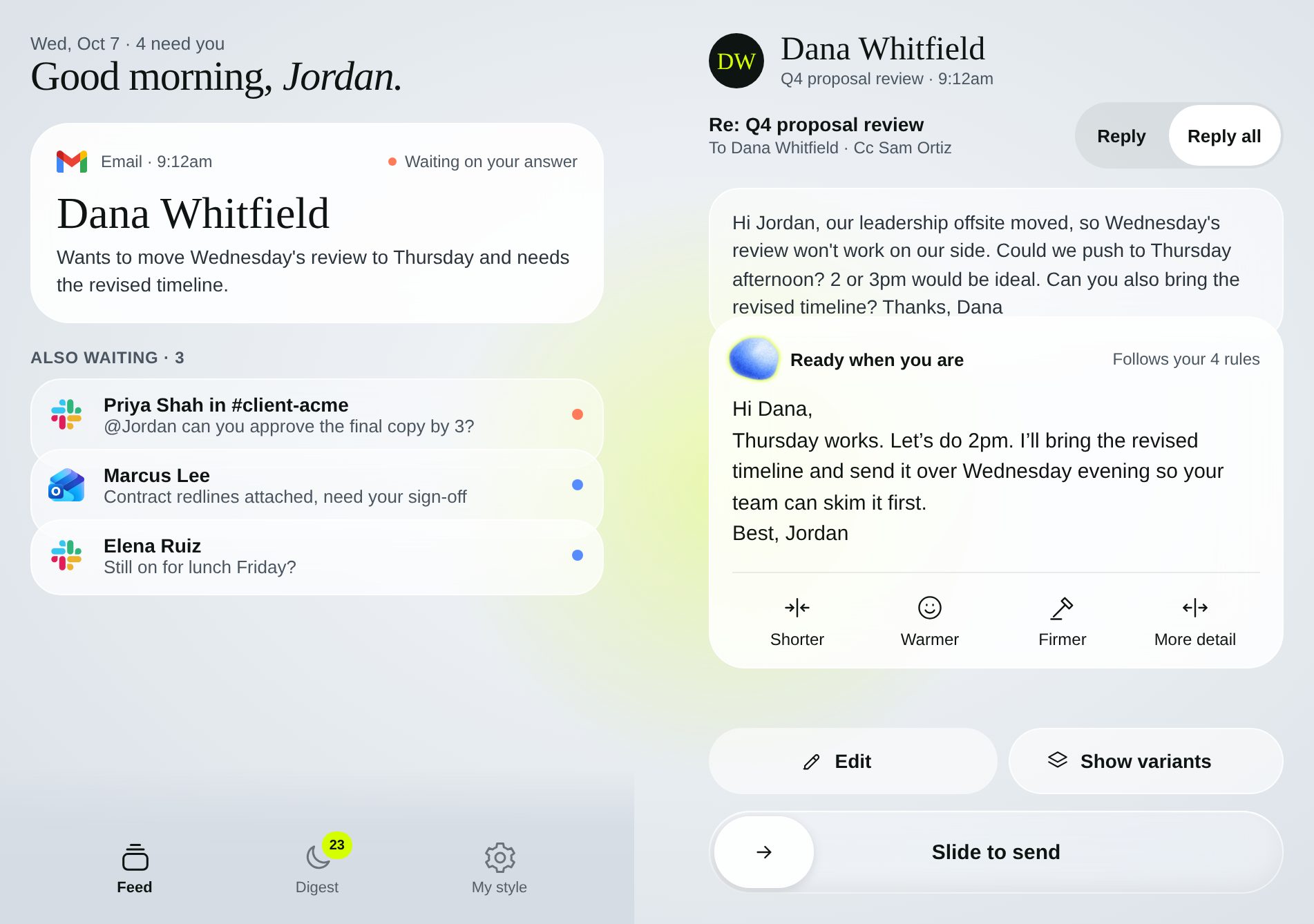 BizRizz on iPhone Duo open: the feed on the left and a ready draft reply on the right.